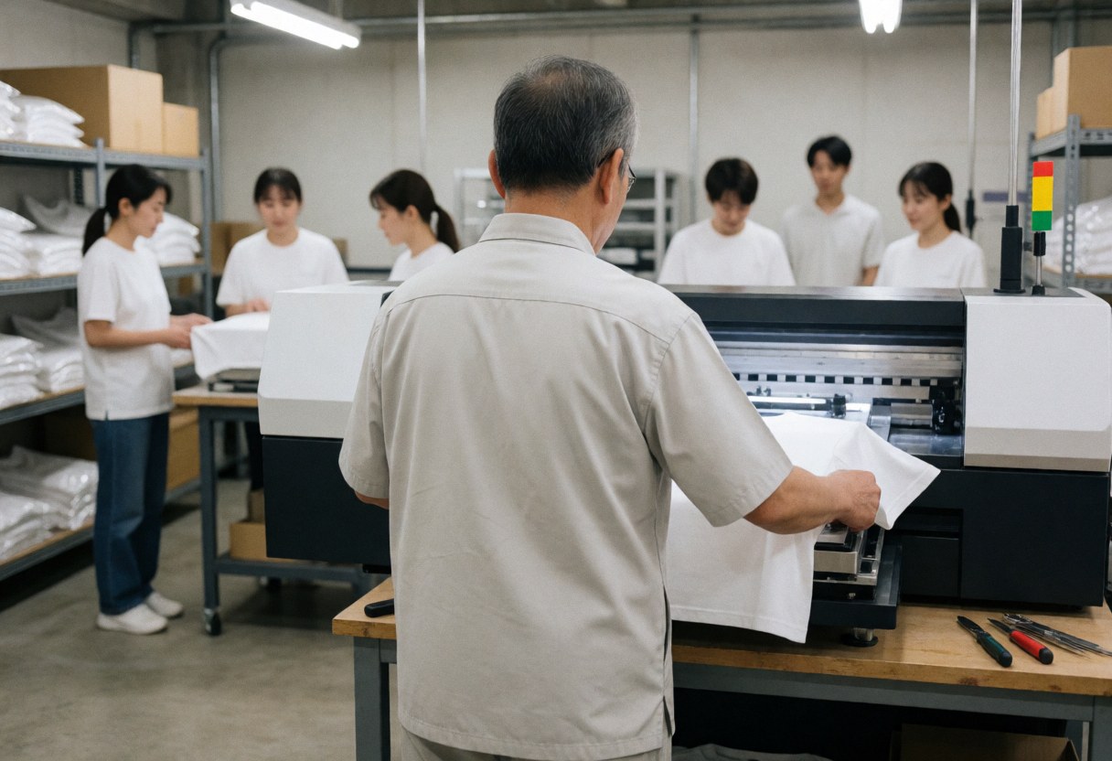 Un technicien ajuste le plateau d'une imprimante DTG dans un atelier de personnalisation textile, avec des étagères et des outils visibles.