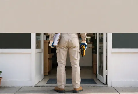 Technicien des antennes tenant un mesureur de signal devant l'entrée d'un magasin, vêtu d'un uniforme et de bottes de sécurité.