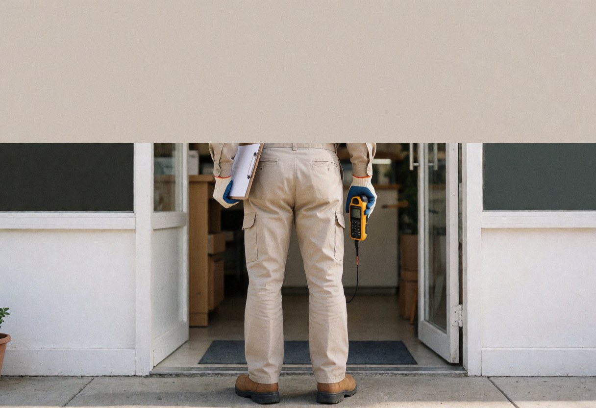 Technicien des antennes tenant un mesureur de signal devant l'entrée d'un magasin, vêtu d'un uniforme et de bottes de sécurité.