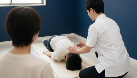 Un thérapeute en uniforme blanc réalise un massage sur un patient allongé sur une couverture dans un cabinet professionnel aux murs bleus.