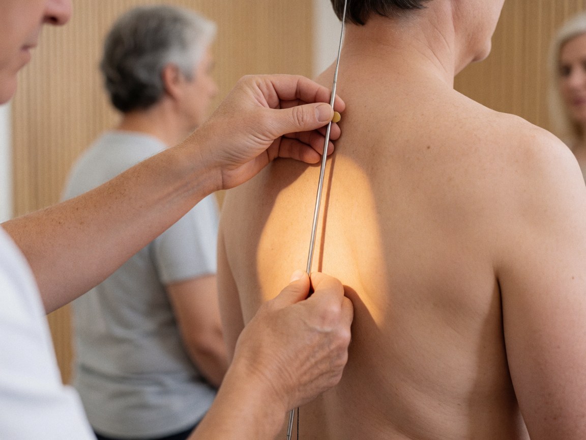 Un professionnel utilise un fil à plomb métallique pour évaluer la courbure dorsale d'un patient dans une clinique aux murs en bois clair et à l'éclairage chaleureux.