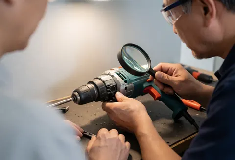 Un technicien en réparation d'outils examine attentivement une perceuse électrique à l'aide d'une loupe dans un atelier, entouré de divers outils et portant des lunettes de sécurité.