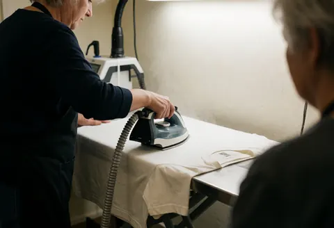 Une personne repasse un t-shirt blanc sur une table de repassage dans un atelier aux murs blancs, illustrant le service de personnalisation vestimentaire.