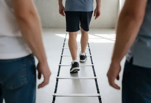 Une personne effectuant un exercice de mobilité sur une échelle d'agilité dans une salle de kinésithérapie avec des murs en béton et une lumière naturelle.