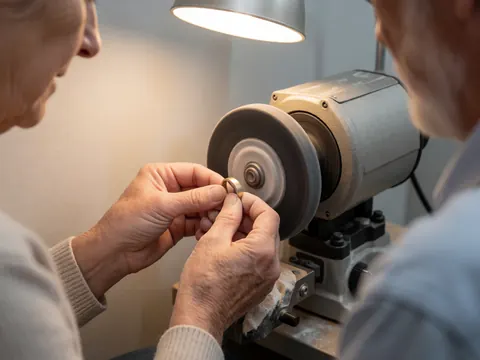 Des mains expertes utilisent une machine pour polir un anneau en or dans un atelier de joaillerie sous un éclairage professionnel.