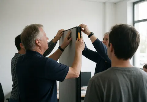 Des techniciens installent un panneau séparateur dans un bureau avec mur blanc et lumière naturelle, illustrant le service de montage de meubles.