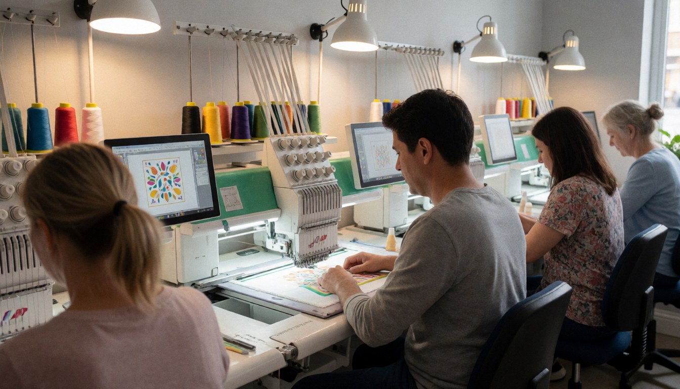 Des machines à broder numériques en action avec des bobines de fils colorés, des écrans affichant des designs et du personnel travaillant sur des tables sous un éclairage professionnel.