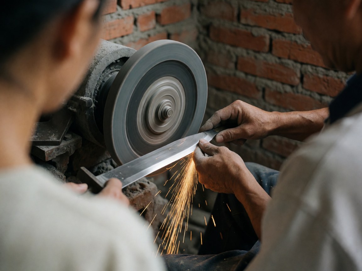 Un forgeron utilise un rouleau diamanté pour affûter un machet, projetant des étincelles dans un atelier de réparation d'outils devant un mur en briques rouges.