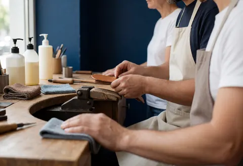 Un cordonnier travaille sur une pièce de cuir dans un atelier éclairé par la lumière naturelle, avec des bouteilles de produit et des serviettes posées sur une table en bois.