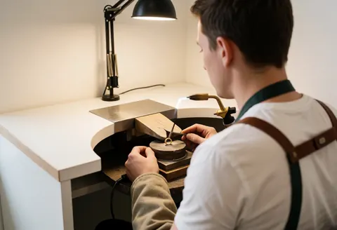 Un bijoutier effectue un travail de soudure sur une bague en dor avec une flamme, dans un atelier professionnel.