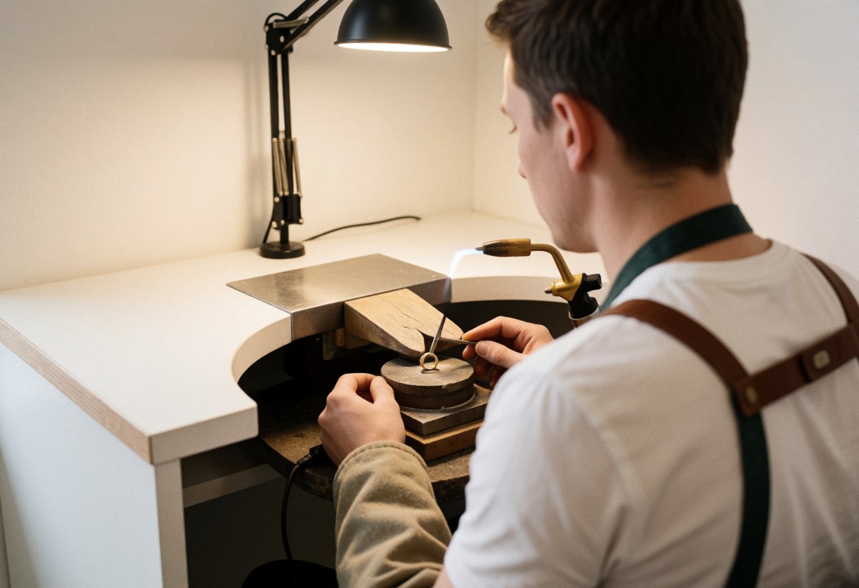 Un bijoutier effectue un travail de soudure sur une bague en dor avec une flamme, dans un atelier professionnel.