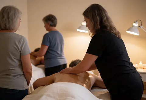 Un thérapeute applique de l'huile sur le dos nu d'un client allongé sur une table de massage dans un espace calme aux murs clairs.