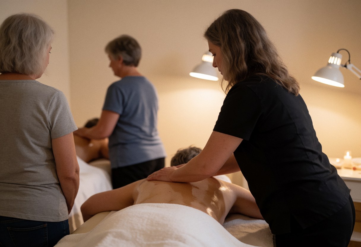Un thérapeute applique de l'huile sur le dos nu d'un client allongé sur une table de massage dans un espace calme aux murs clairs.