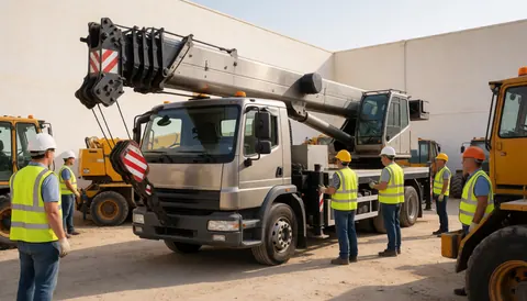 Grue mobile à flèche télescopique sur un site industriel, travailleurs portant casques et gilets de sécurité, engins lourds autour, scène de travail.