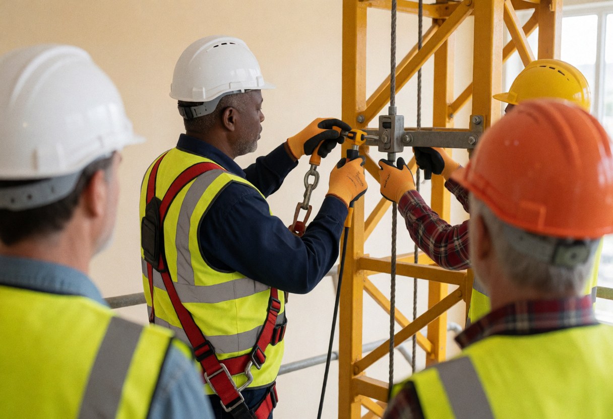 Un technicien en tenue de sécurité ajuste une chaîne sur une grue jaune pendant qu'un service est en cours, tandis que d'autres travailleurs observent les opérations.