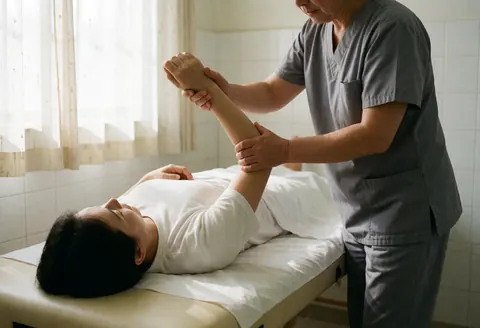 Un thérapeute en uniforme gris guide l'étirement du bras d'un patient allongé sur une table dans une clinique aux murs blancs et à la lumière naturelle.