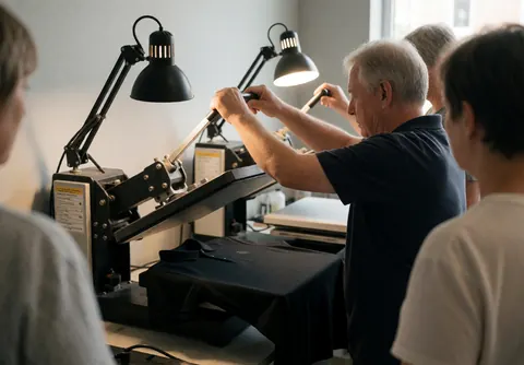 Un technicien utilise une presse thermique pour appliquer un motif sur un t-shirt noir dans un atelier de personnalisation sous éclairage professionnel.