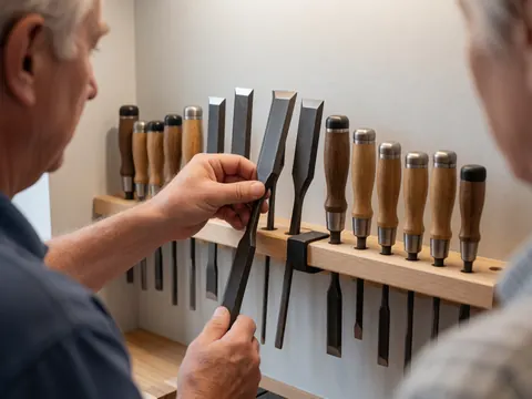 Une main ajuste un ciseau à bois sur un support en bois, entouré d'autres outils de menuiserie dans un atelier bien éclairé.