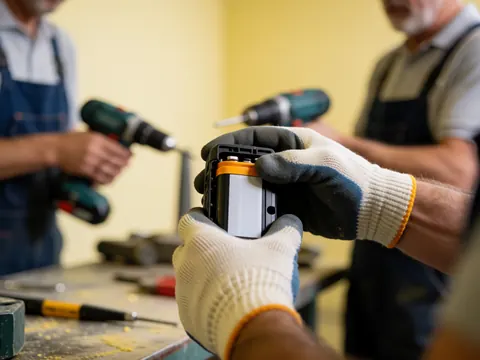 Des mains portant des gants de protection insèrent une batterie dans un perceuse sans fil sur fond d'atelier avec murs jaunes et outils visibles.