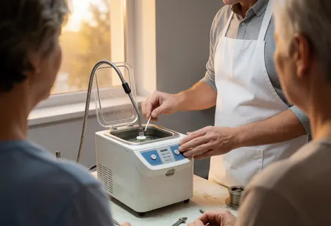 Un bijoutier en blouse blanche et tablier utilise un appareil de nettoyage par ultrasons pendant que deux clients observent dans un atelier aux murs gris et à la lumière chaude.