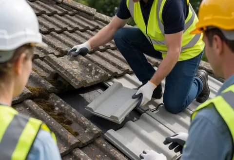 Technicien en hauteur réparant une tuile endommagée par la moisissure, montrant la nouvelle tuile avec équipement de sécurité visible pour service de toiture.