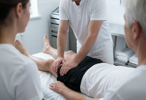Un thérapeute effectue un massage sur les quadriceps d'un client allongé sur une table blanche dans une pièce aux murs blancs, avec deux personnes observant.