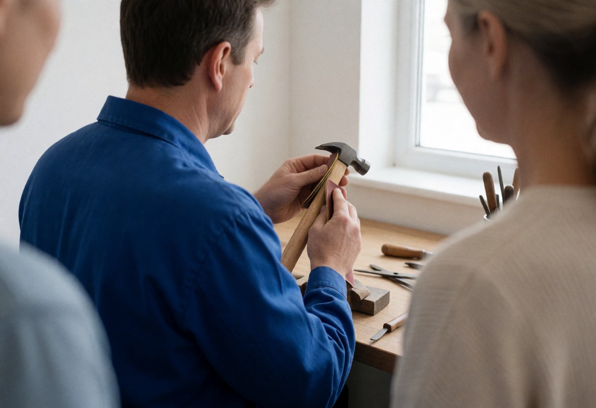Un mécanicien dans un atelier ponçant la poignée en bois d'un marteau, avec des outils sur l'établi et une lumière naturelle entrant par la fenêtre.