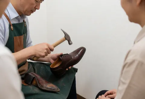 Un cordonnier frappe avec un marteau sur une chaussure en cuir marron pendant que deux clients observent le travail dans un atelier aux murs blancs.