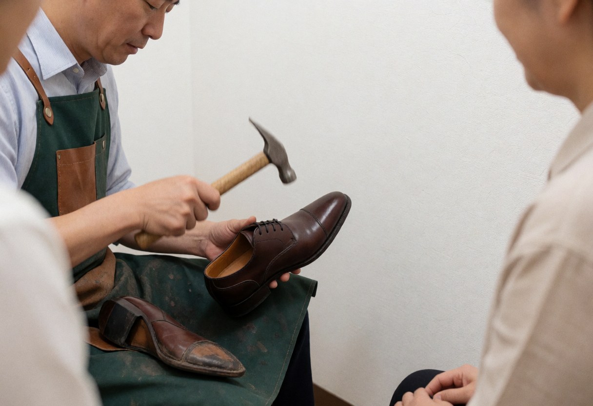 Un cordonnier frappe avec un marteau sur une chaussure en cuir marron pendant que deux clients observent le travail dans un atelier aux murs blancs.