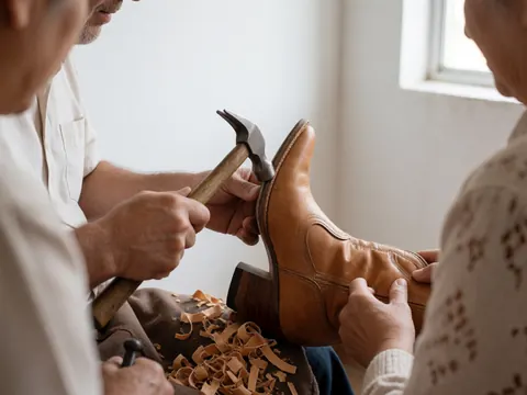Un cordonnier frappe le talon d'une botte de charro avec un marteau tandis qu'une personne la maintient, des copeaux de bois et une lumière naturelle dans un atelier.