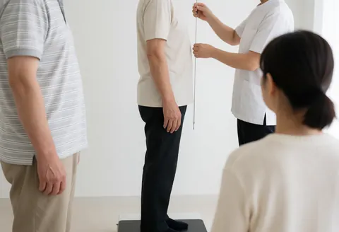 Un thérapeute utilise un fil à plomb pour évaluer l'alignement postural d'un patient debout sur une plateforme dans une clinique aux murs blancs.