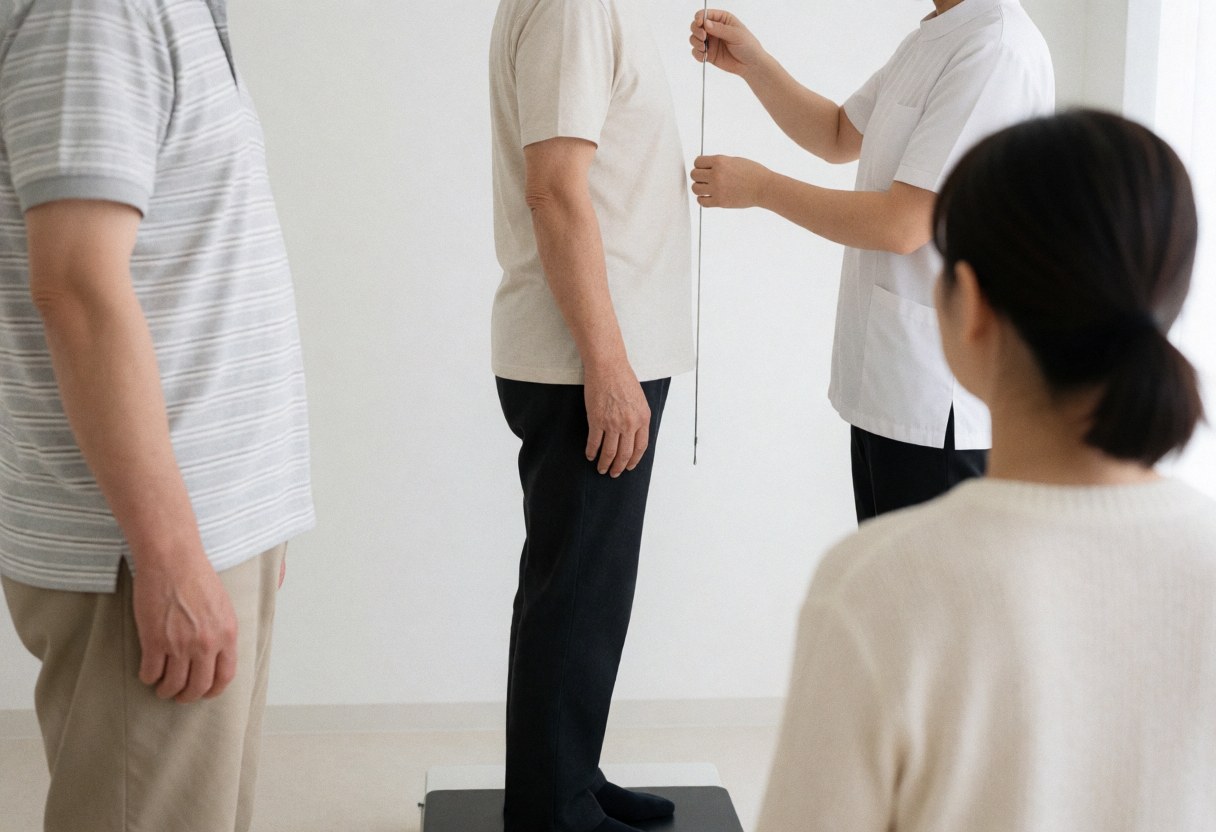 Un thérapeute utilise un fil à plomb pour évaluer l'alignement postural d'un patient debout sur une plateforme dans une clinique aux murs blancs.