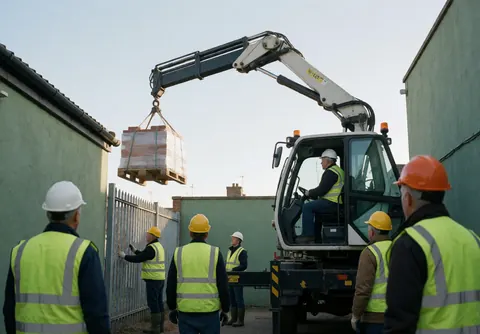 Grue articulée déplaçant une palette de briques dans un espace urbain avec des travailleurs en gilets et casques de sécurité.