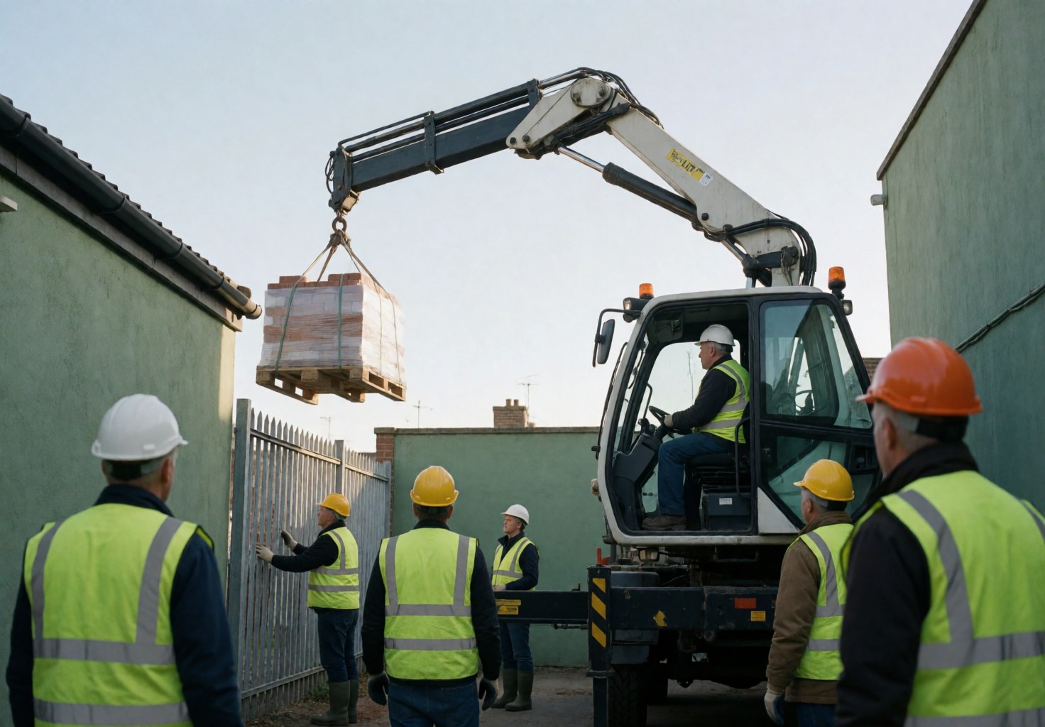 Grue articulée déplaçant une palette de briques dans un espace urbain avec des travailleurs en gilets et casques de sécurité.