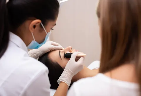 Une technicienne portant masque et gants applique des faux cils à une cliente allongée dans un salon de beauté sur fond neutre.