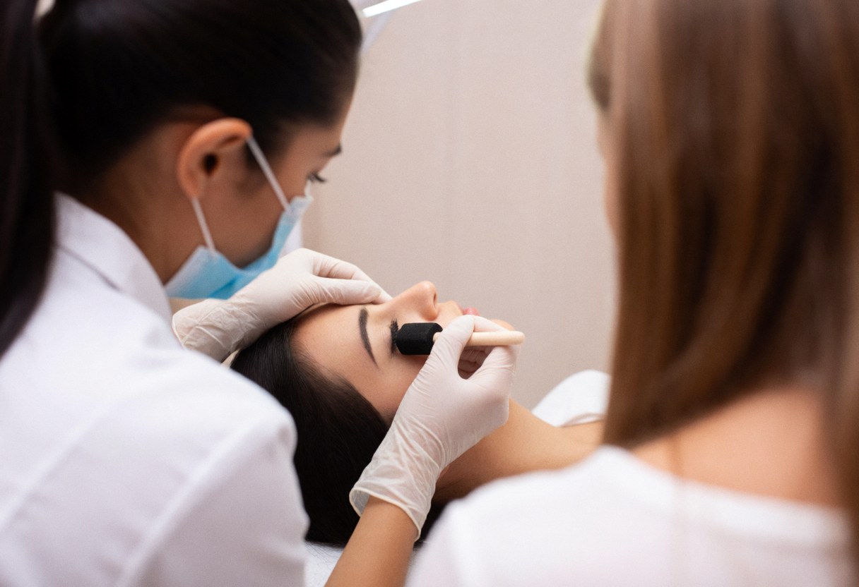Une technicienne portant masque et gants applique des faux cils à une cliente allongée dans un salon de beauté sur fond neutre.