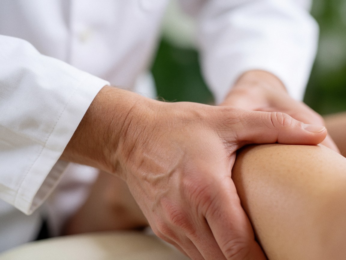 Proximité des mains d'un praticien en osteopathie massant la jambe d'un patient, portant une chemise blanche, sur fond vert flou.