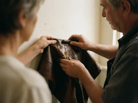 Une main applique de l'huile sombre sur un morceau de cuir tenu par une autre personne dans un atelier aux murs blancs.