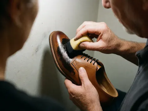 Une main applique une teinture sombre sur un soulier en cuir, la texture du matériau est visible sur fond de mur gris clair, illustrant un service de cordonnerie en cours.