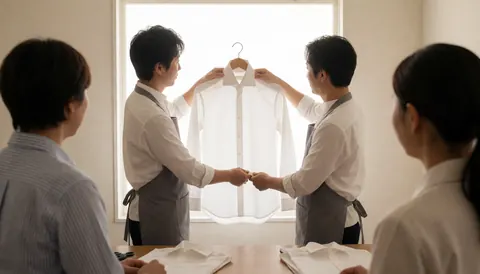 Deux tailleurs tiennent une chemise blanche à col italien devant une fenêtre dans un atelier bien éclairé, illustrant leur service de réparation.