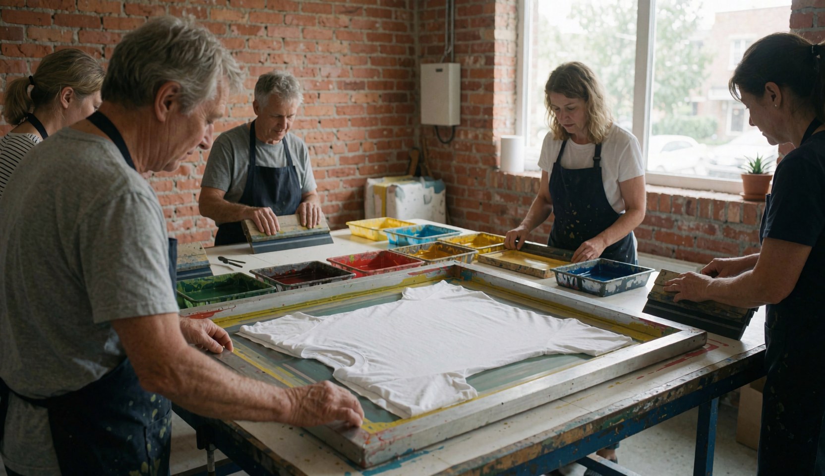 Cinq personnes impriment des t-shirts sur une table dans un atelier éclairé par la lumière naturelle.