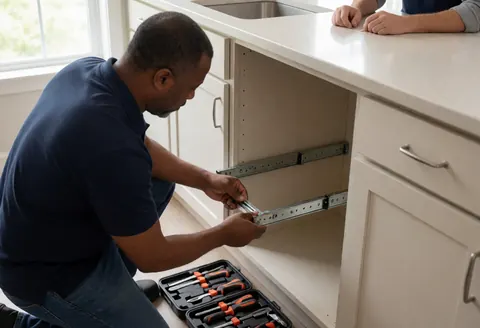 Un technicien pose des glissières métalliques dans un meuble de cuisine blanc. Des outils sont visibles dans une boîte. La scène baigne dans une lumière naturelle, illustrant un service d'assemblage en cours.