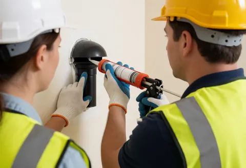 Deux ouvriers en équipements de sécurité appliquent du mastic d'étanchéité sur une tuyauterie noire fixée à un mur blanc lors d'une intervention de toiture.