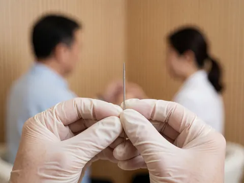 Mains portant des gants tenant une aiguille d'acupuncture dans une clinique aux murs en bois clair avec un arrière-plan flou.