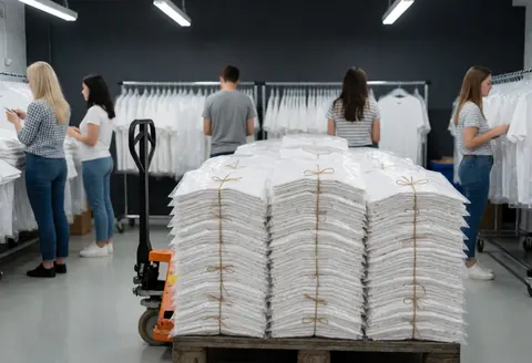 Des piles de t-shirts blancs emballés et attachés attendent la personnalisation dans un atelier textile.