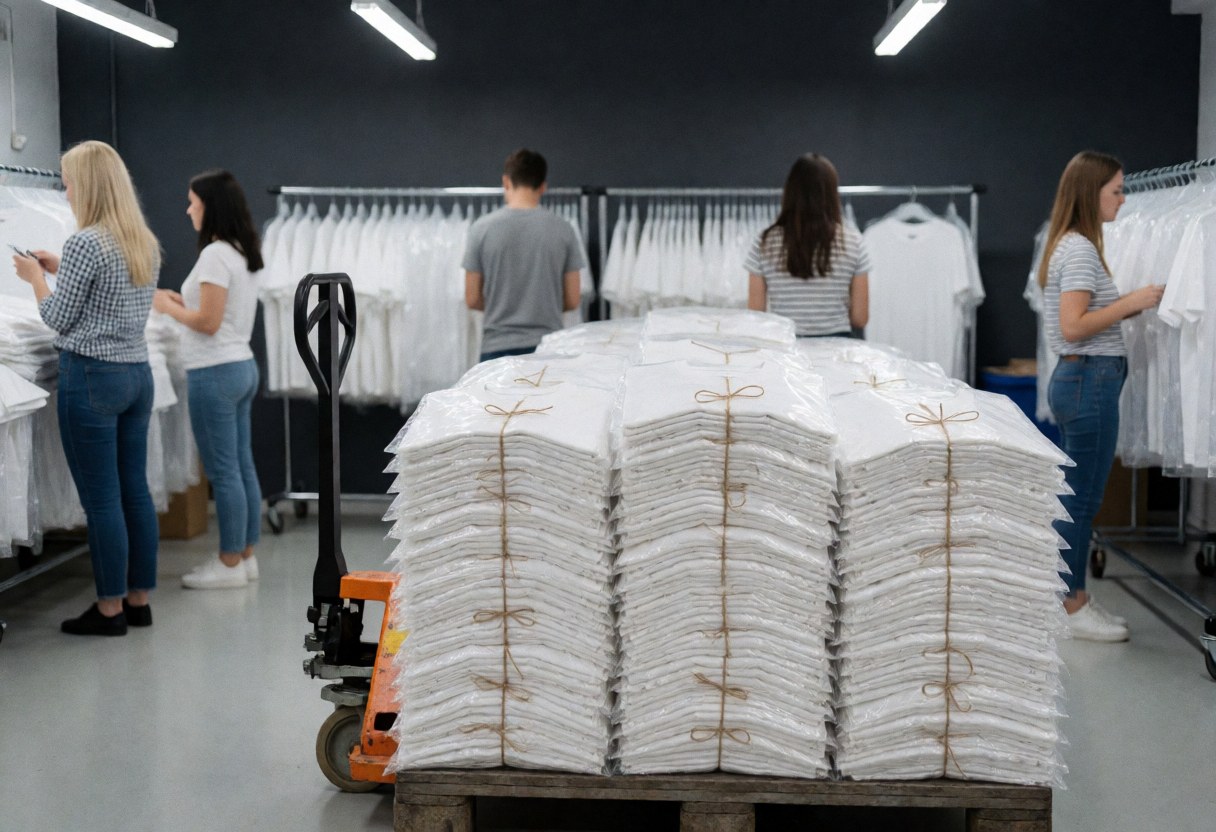 Des piles de t-shirts blancs emballés et attachés attendent la personnalisation dans un atelier textile.