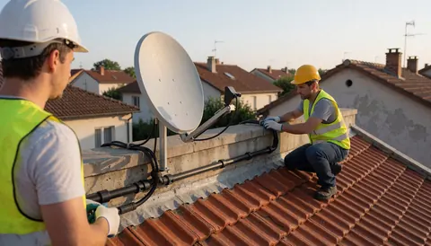 Deux installateurs d'antennes travaillent sur un toit en tuiles de terre cuite, montant une antenne satellite blanche et connectant des câbles dans un conduit noir, avec des casques et des gilets réfléchissants.