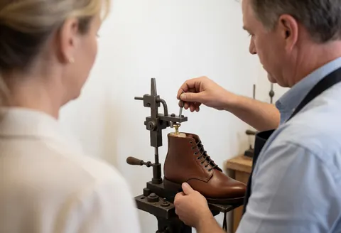 Un cordonnier ajuste une bottine marron à l'aide d'un outil tandis qu'une cliente observe dans un atelier aux murs blancs.