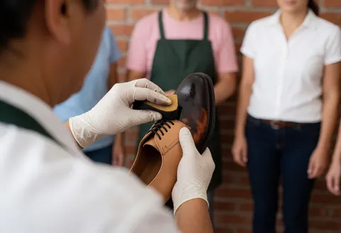 Un cordonnier portant des gants applique une teinte sur un soulier en cuir dans un atelier aux murs de briques, sous le regard d'observateurs.