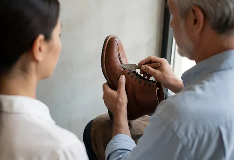 Un cordonnier applique un produit d'entretien sur une botte en cuir marron dans un atelier avec lumière naturelle et mur en béton.